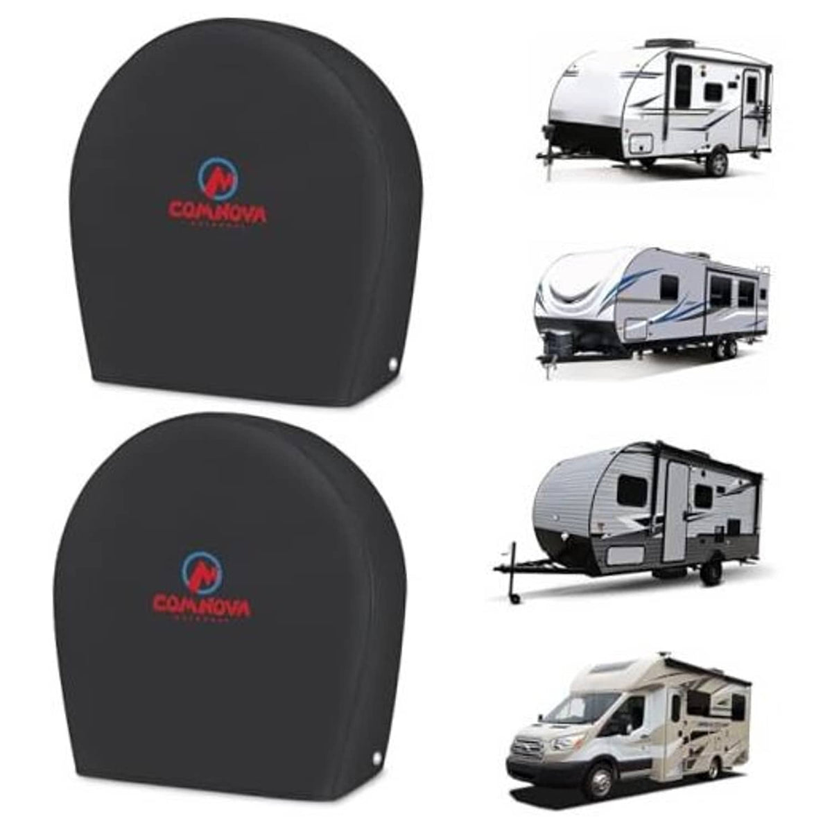 Set of 2 black dome-style RV tire covers, fitted for outdoor storage, with logo