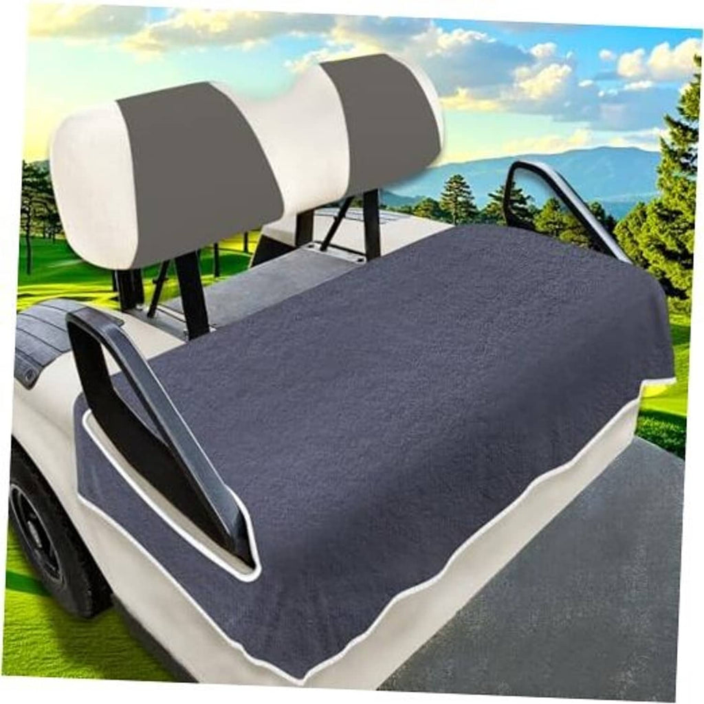 Grey microfiber golf cart seat cover with white trim, padded square cushion cover
