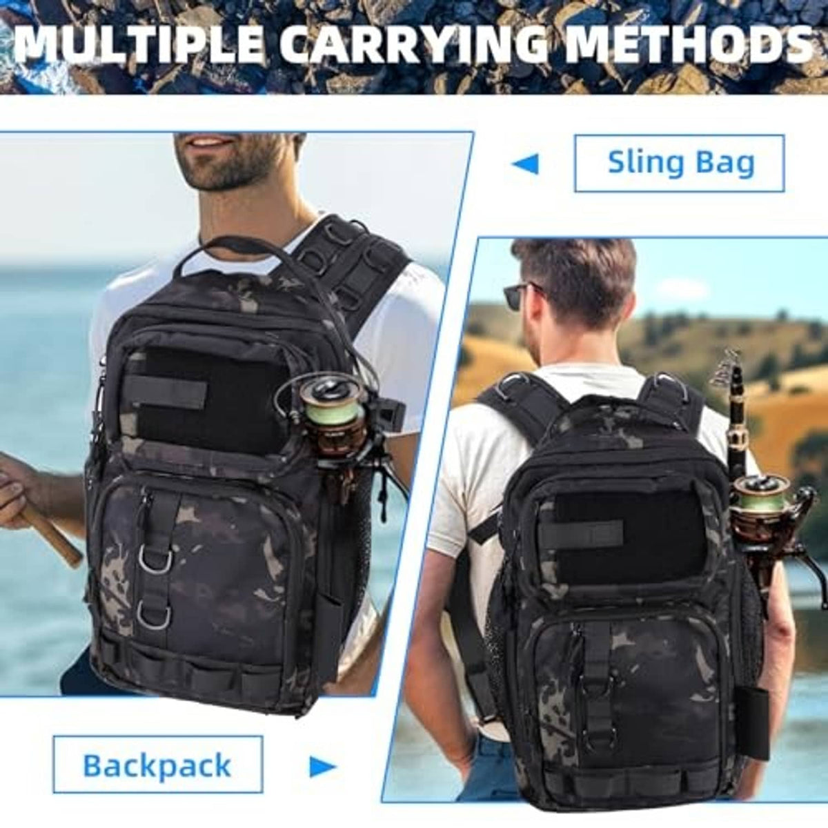 Camouflage fishing tackle backpack worn with front storage pockets and shoulder strap