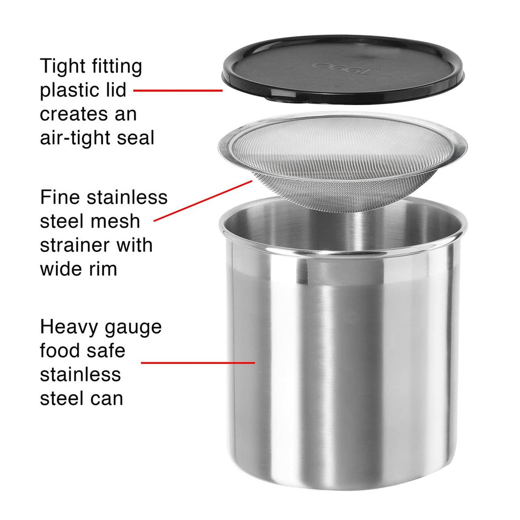 Stainless steel grease strainer container with black lid and wide-rim mesh strainer