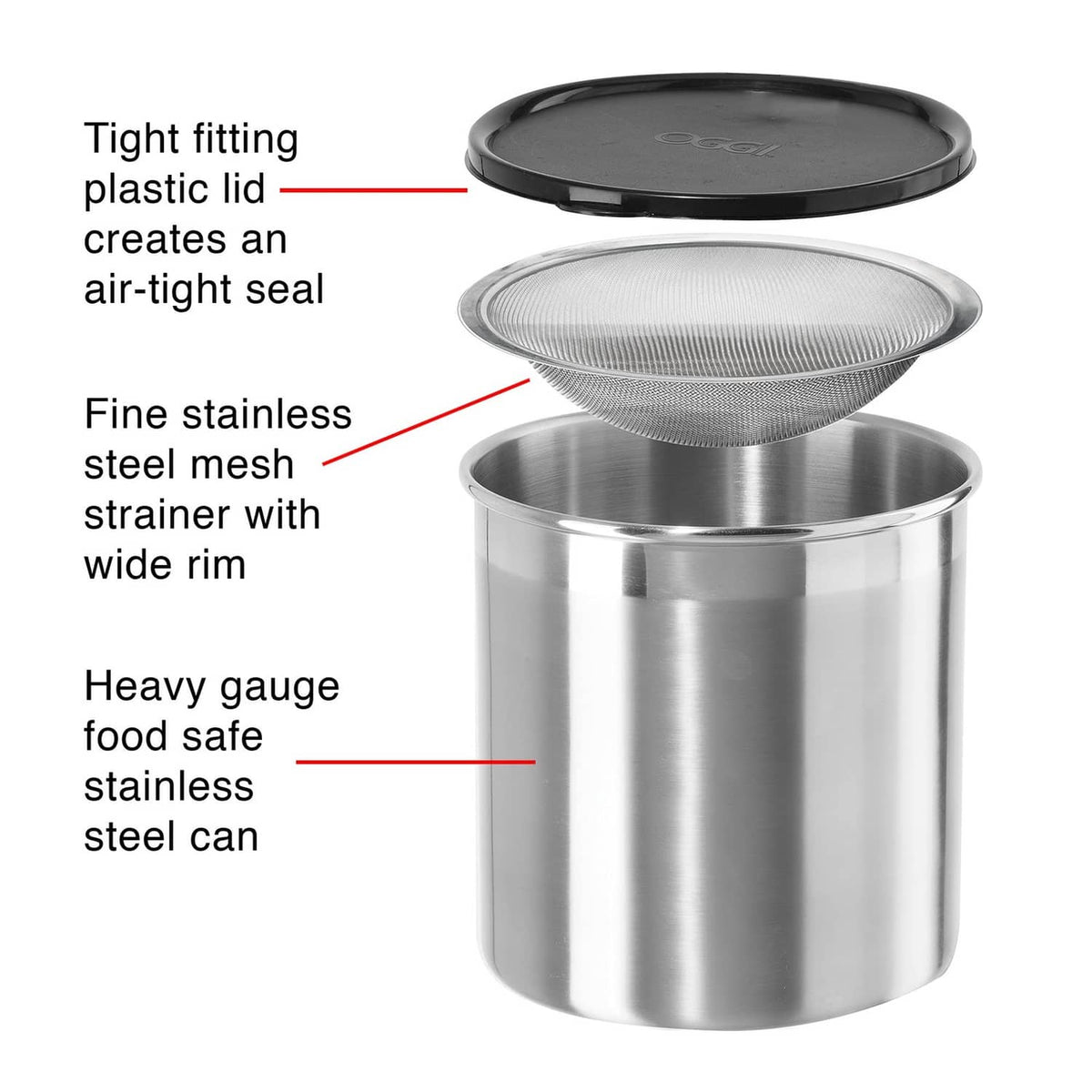 Stainless steel grease strainer container with black lid and wide-rim mesh strainer