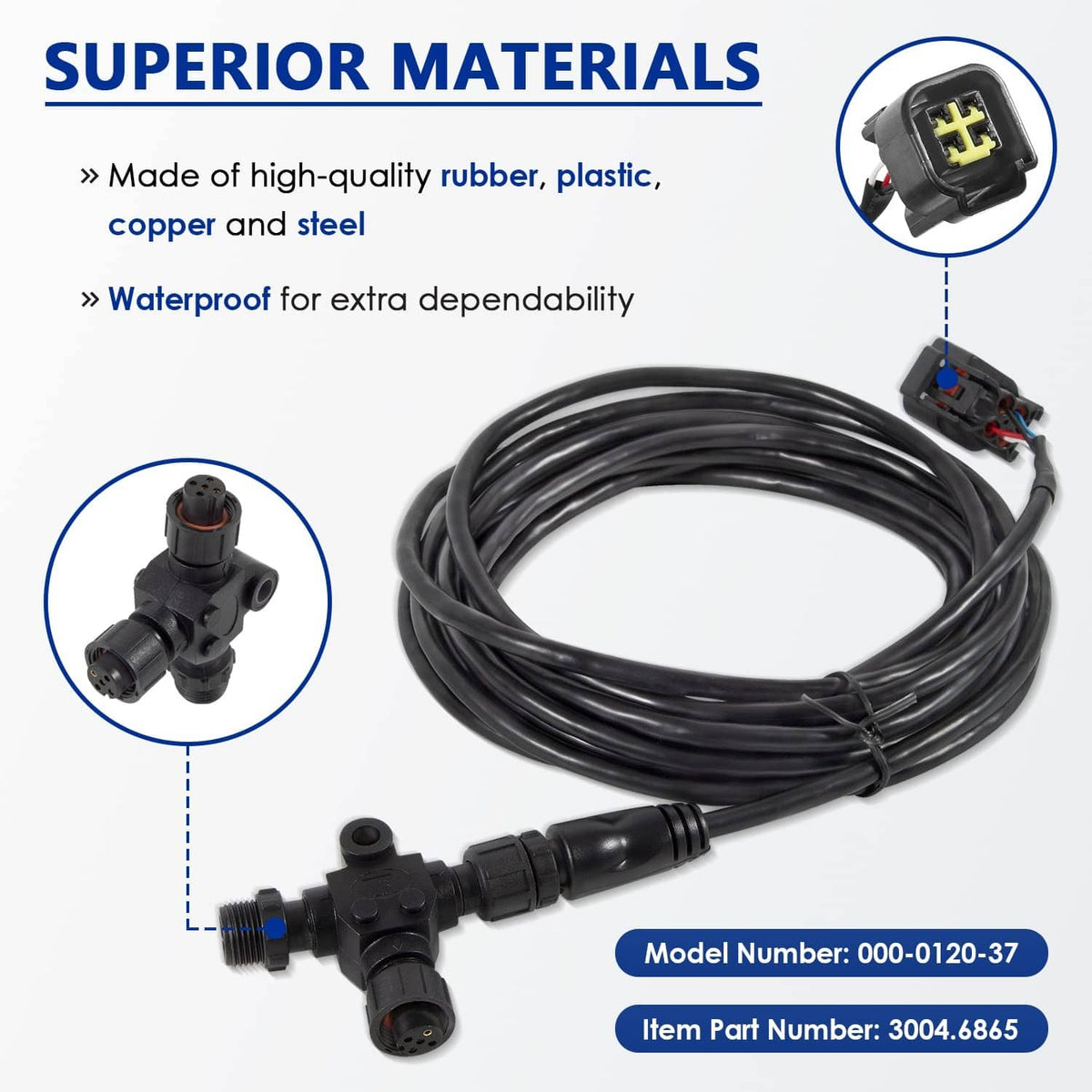 Engine interface cable with T-connector, coiled black wiring and keyed connector plugs.