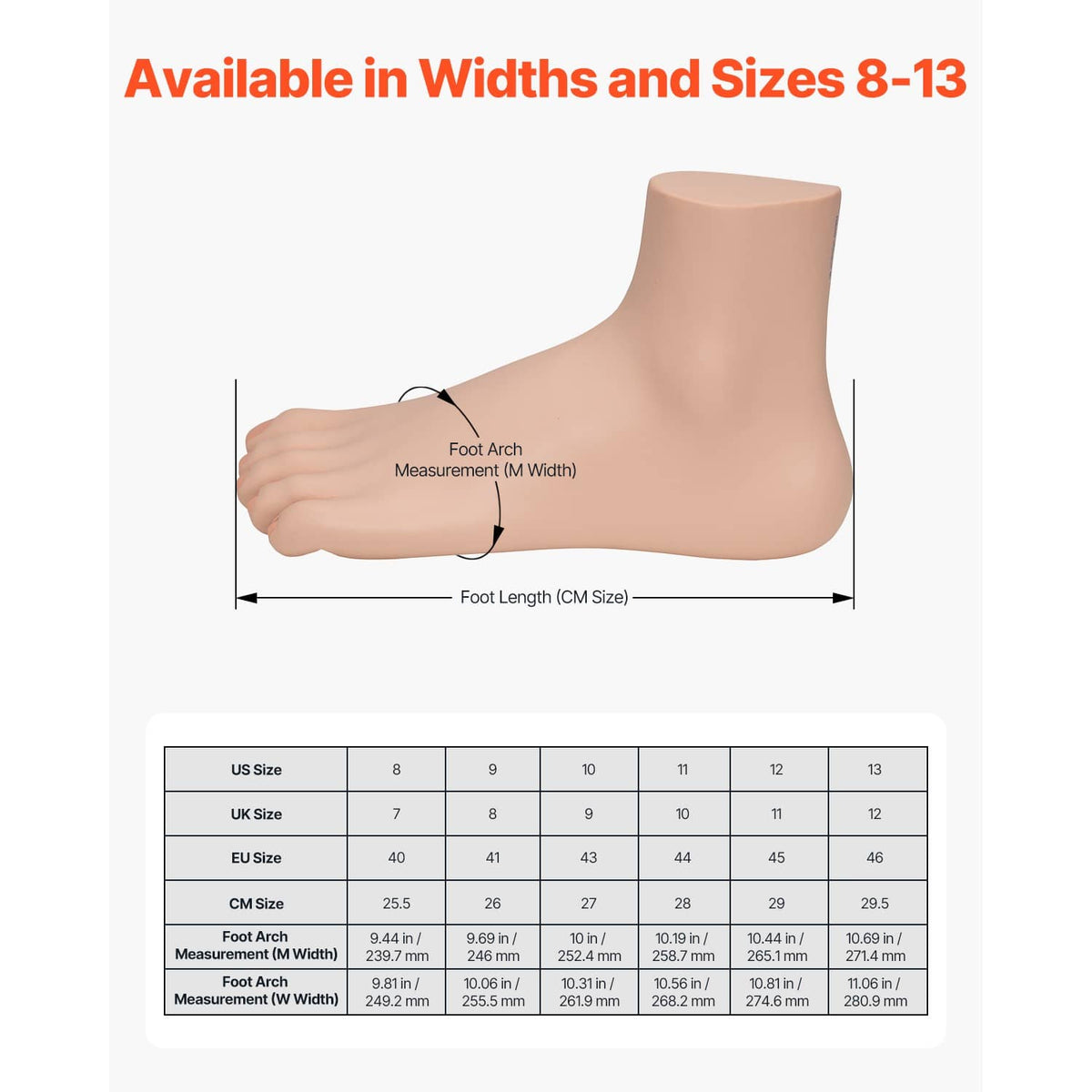 Cross-training shoe size guide showing foot measurements and width options