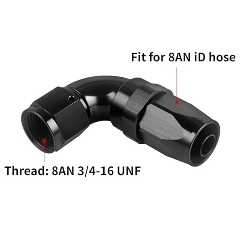 Black 90-degree swivel hose end fitting with curved elbow and threaded 8AN inlet