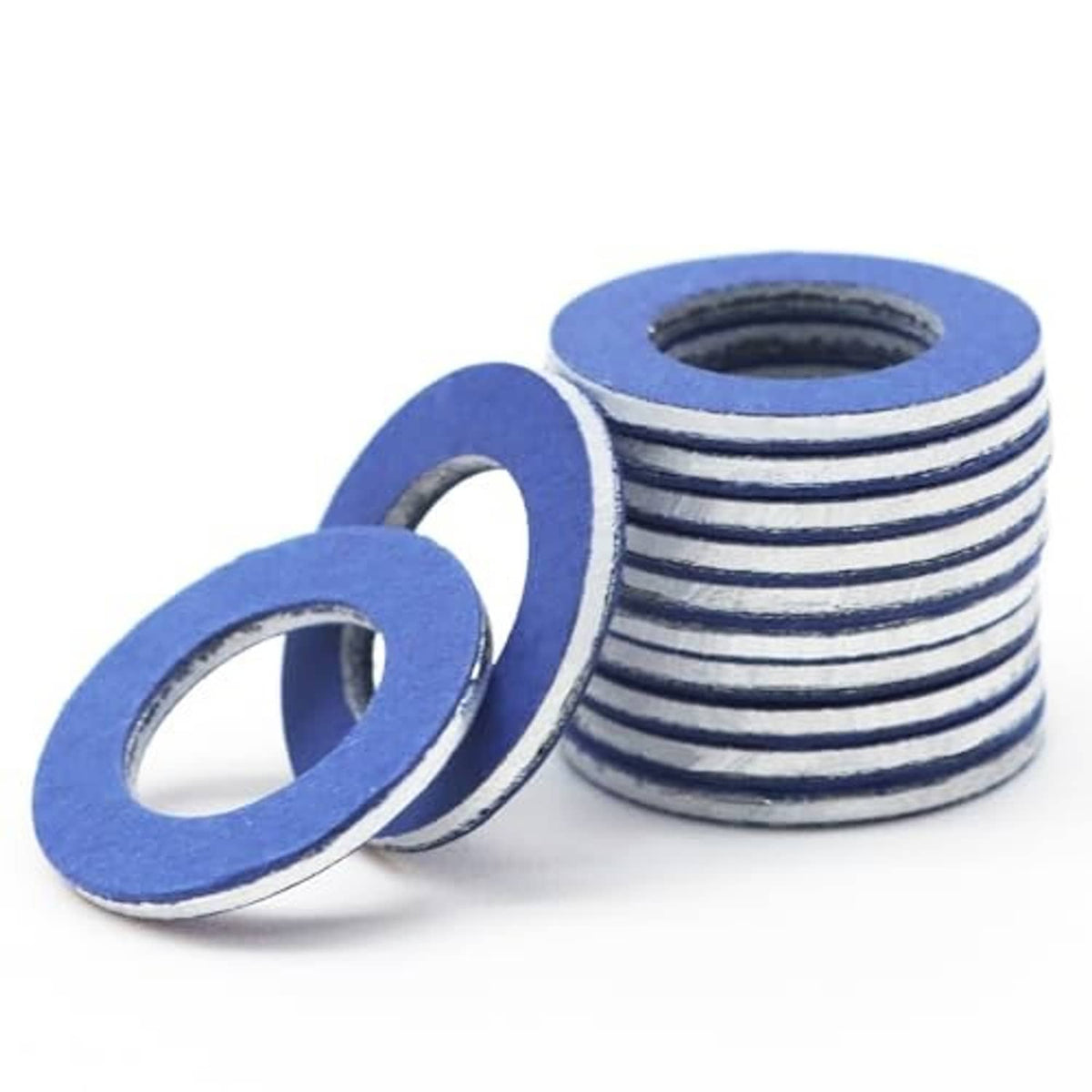 Blue oil drain plug gasket washers, stacked set with two flat rings and inner holes