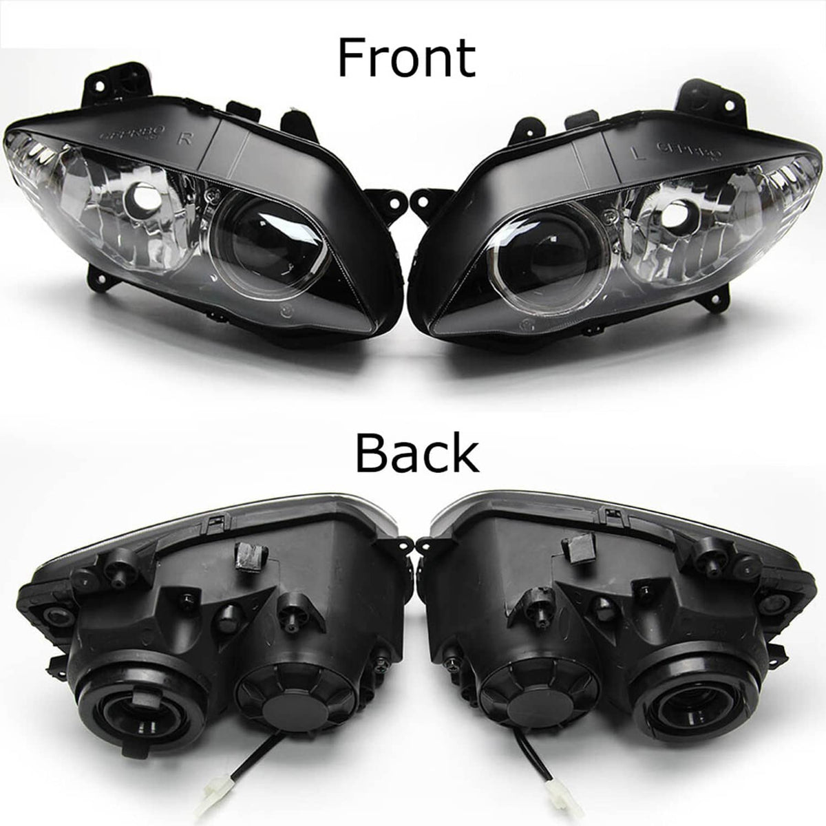 Back view of dual headlight housings with mounting points and wiring connectors