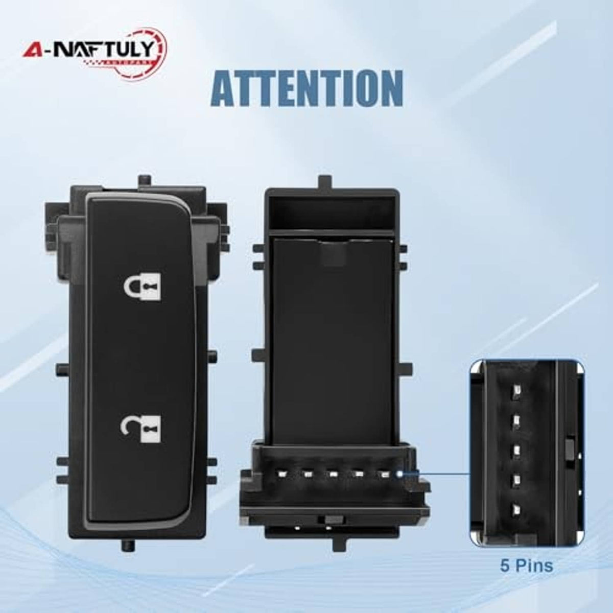 Power window and door lock switch with rocker button icons and rear connector, black.