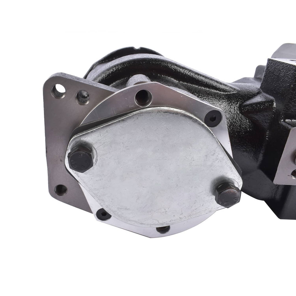 Air compressor with circular metal cover plate and black intake housing