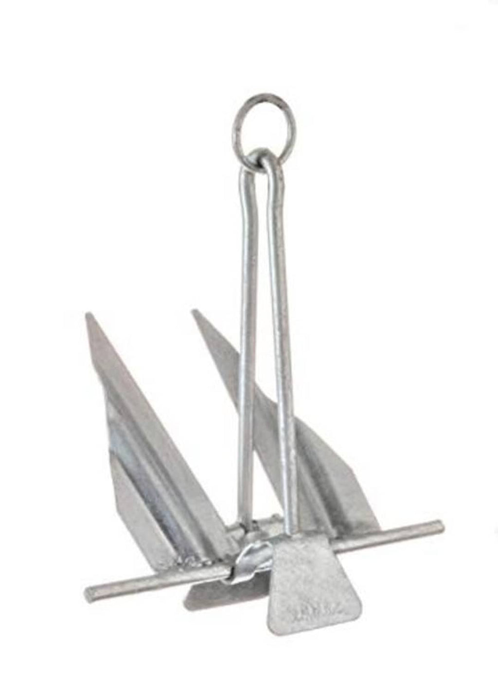Steel boat anchor with ring shackle and slip shank, showing two pointed flukes