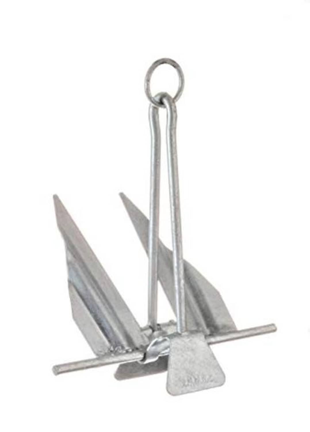 Steel boat anchor with ring shackle and slip shank, showing two pointed flukes