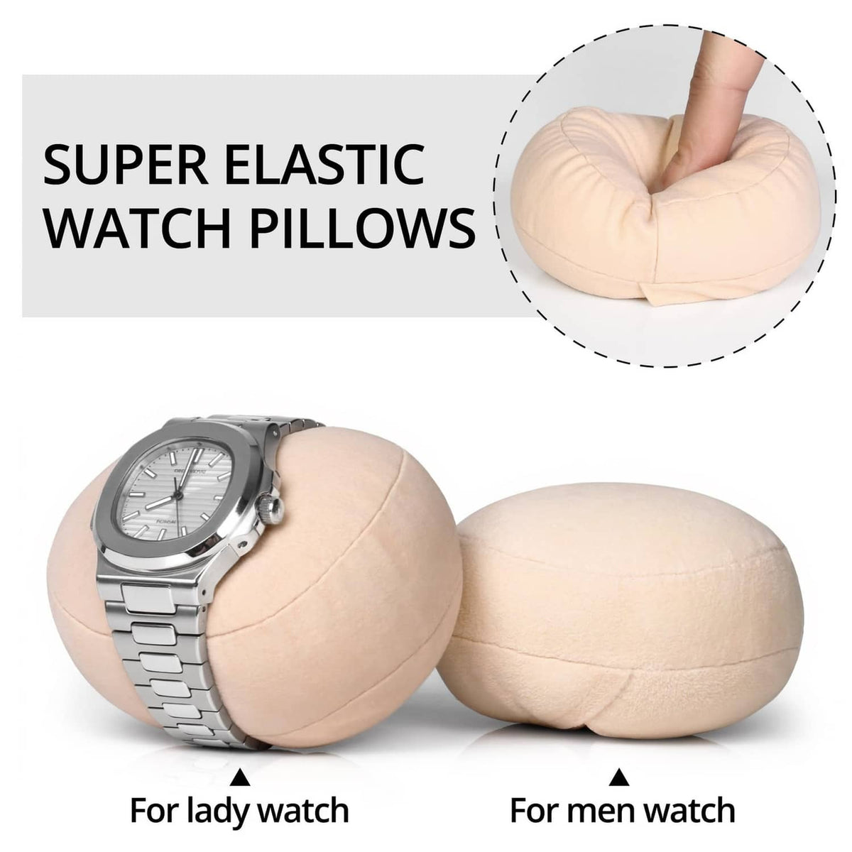 Pair of beige plush watch pillows with elastic fit for men and women watches