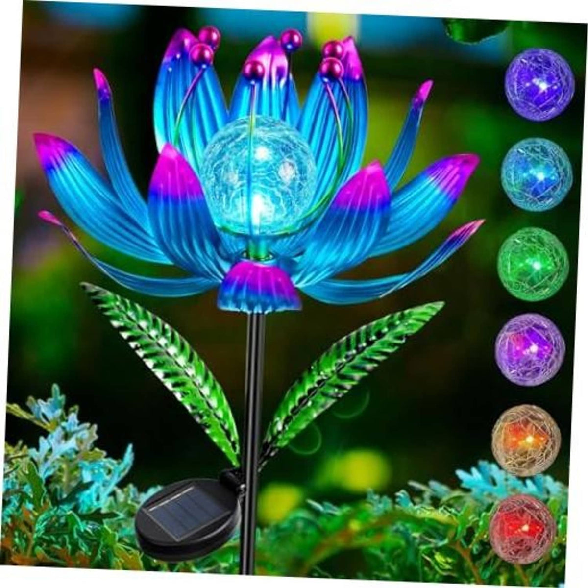 Solar wind spinner lotus with blue-purple metal petals and glowing glass sphere light