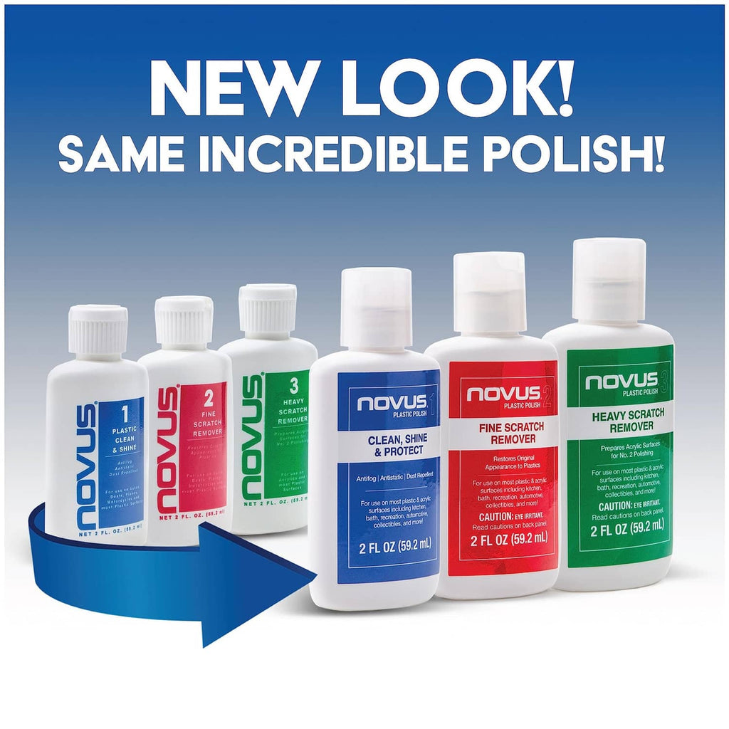 Plastic polish bottles lineup with caps and labels, shown with a directional arrow
