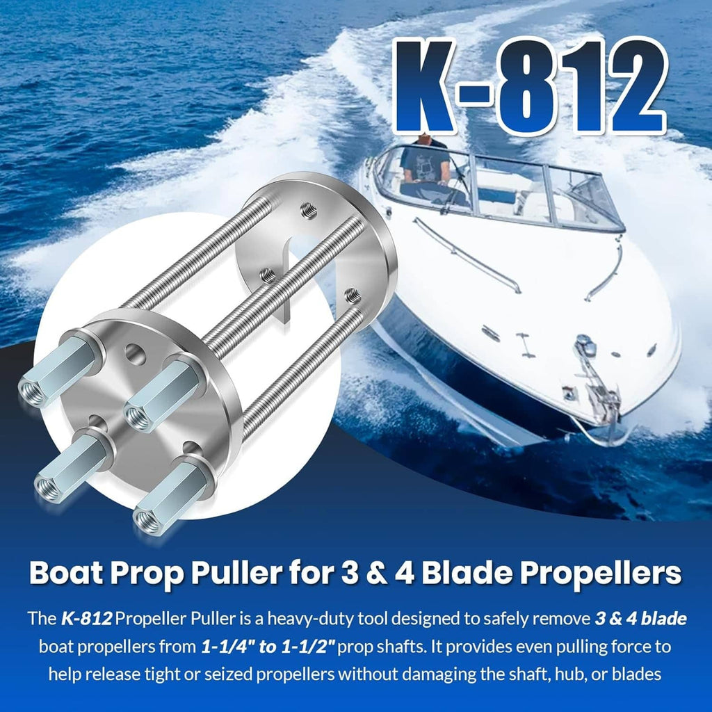 Boat prop puller tool with two metal rings and four threaded studs