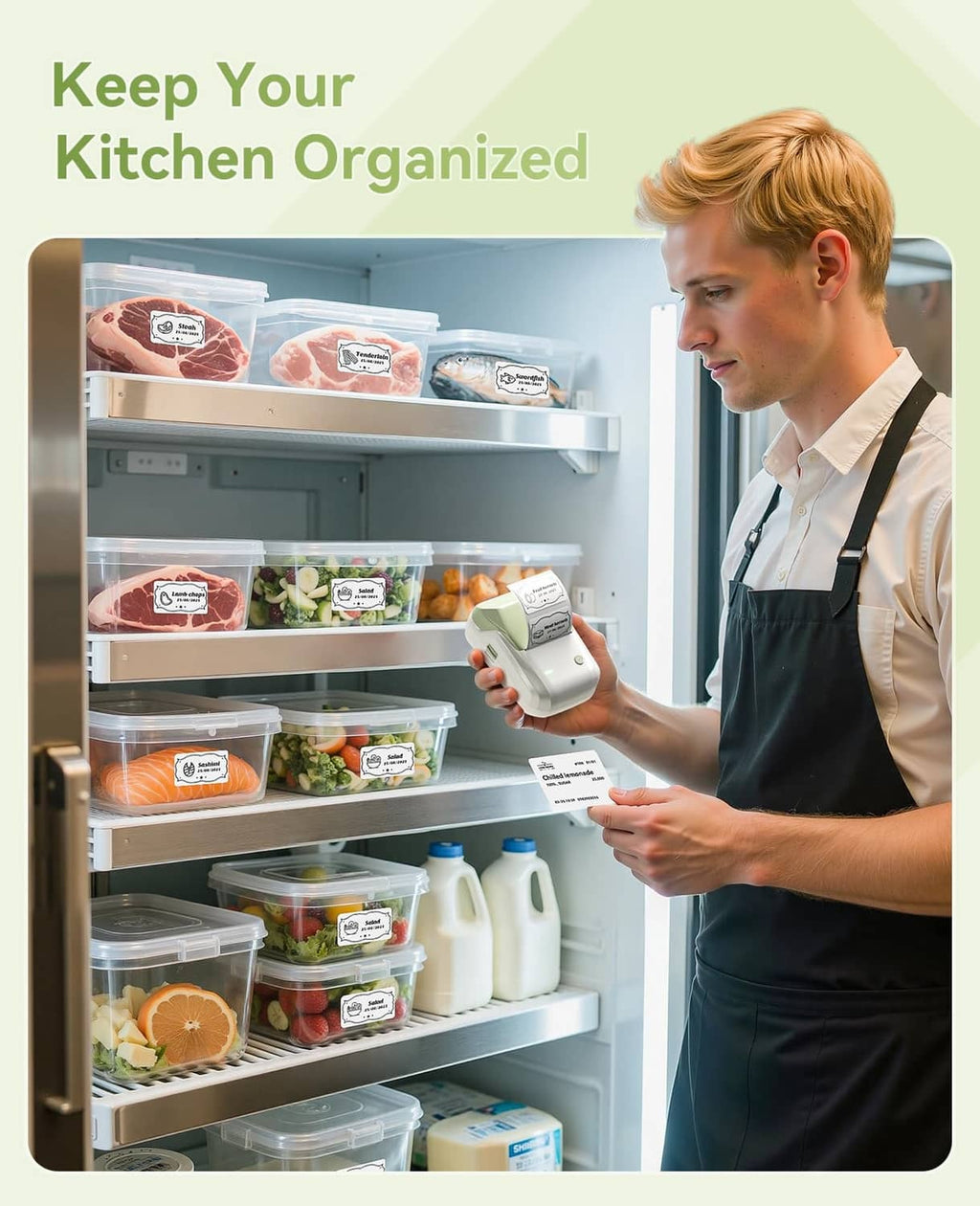NIIMBOT B1 label printer in hand organizing kitchen fridge with printed labels