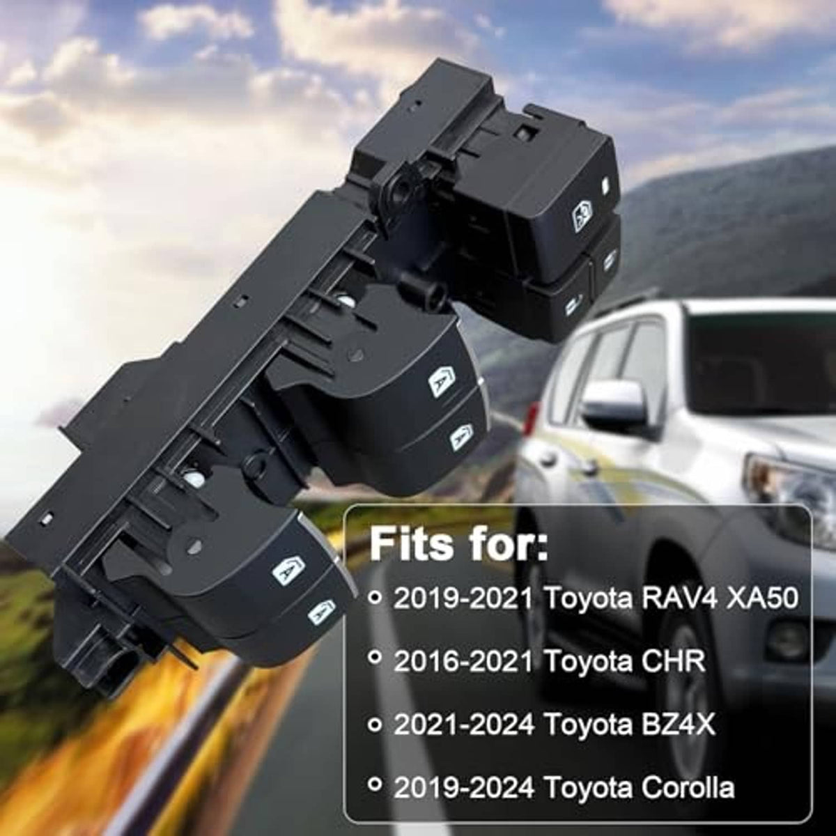 Power window switch set with black plastic modules and mounting clips