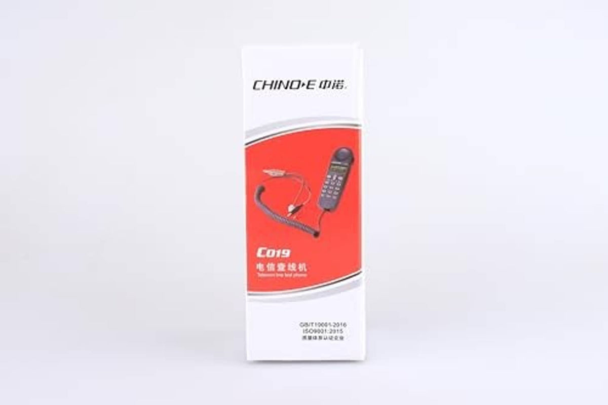 Telephone line network cable tester box, CHINO-E C019, red sleeve with tool graphic.