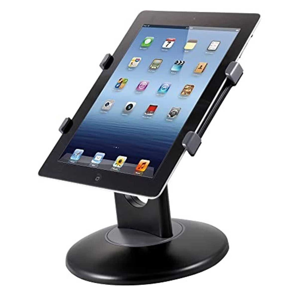 Tablet stand in portrait orientation with black base and gray clamping corners