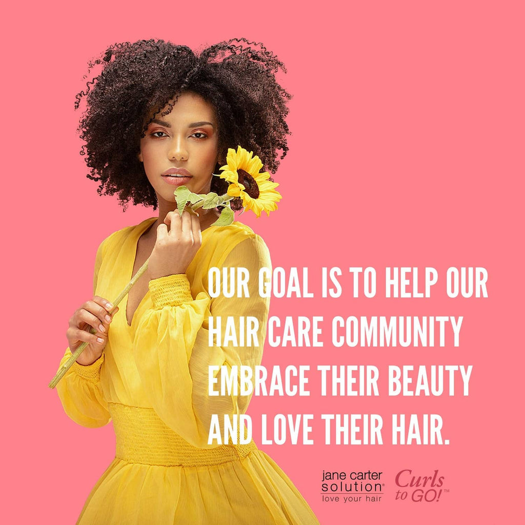 Woman with black curly hair holding sunflower; small Curls to Go product shown