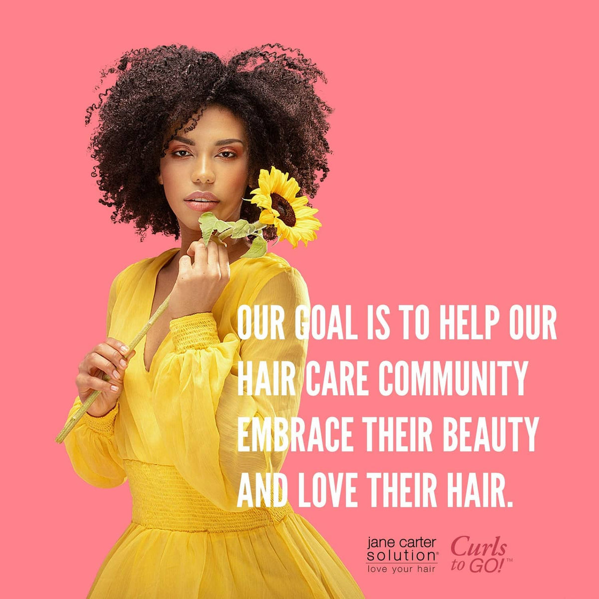 Woman with black curly hair holding sunflower; small Curls to Go product shown
