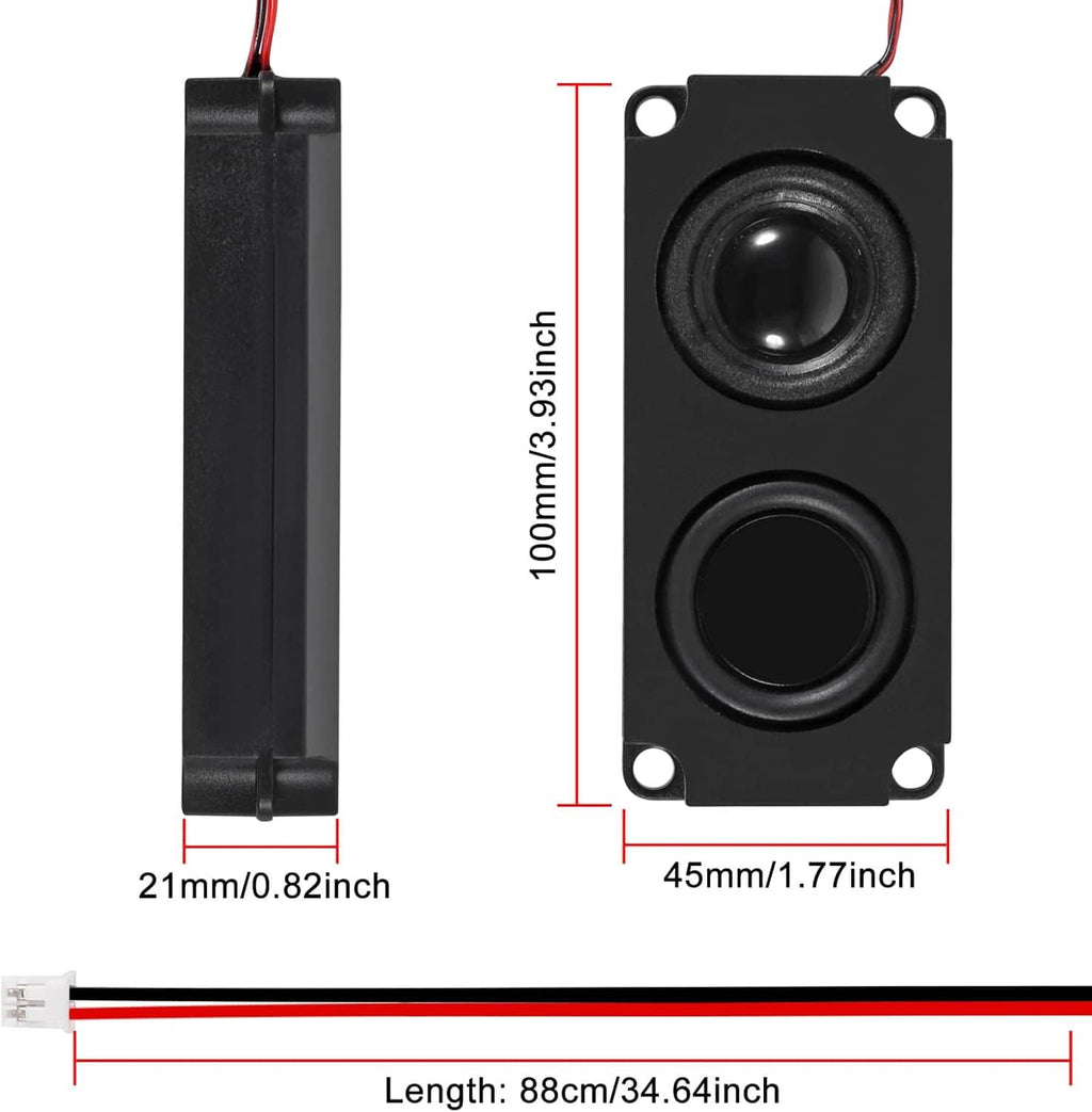 Black dual mini speaker module with red/black cable and size measurements
