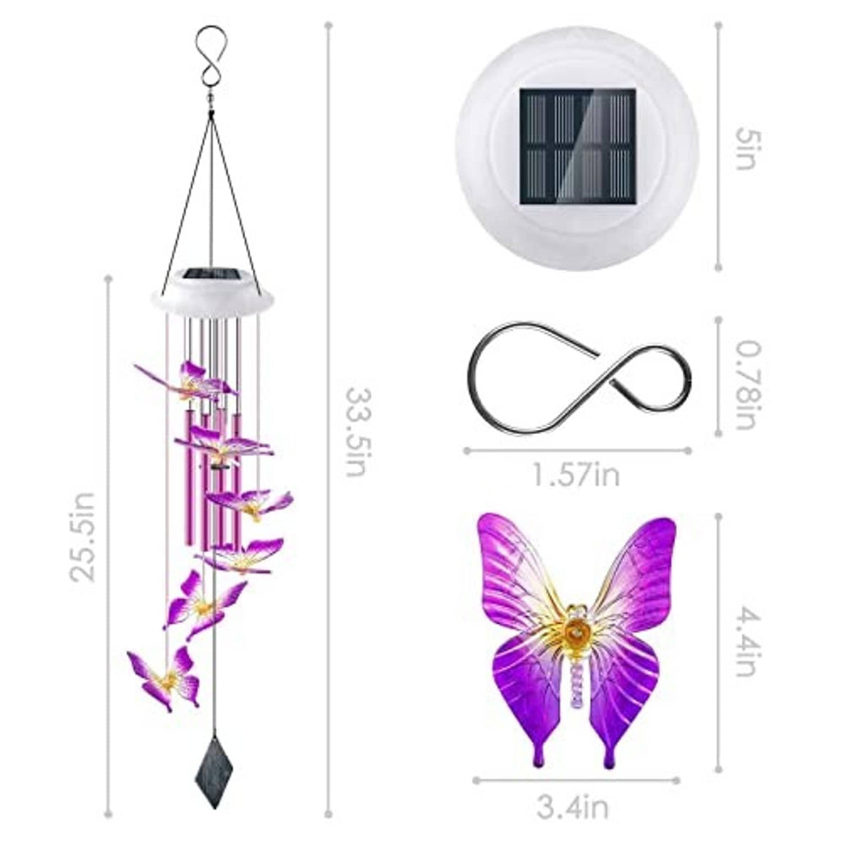 Solar butterfly wind chime with round solar panel, multicolor butterfly ornaments, and diamond weight