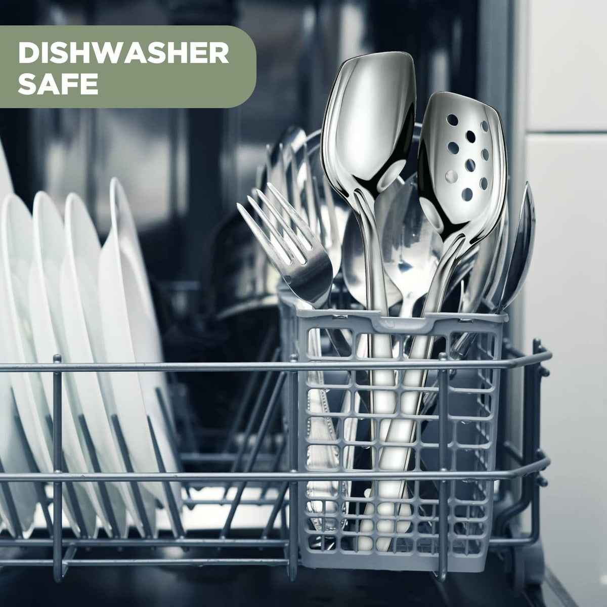 Silver serving spoon and slotted spoon set in dishwasher rack