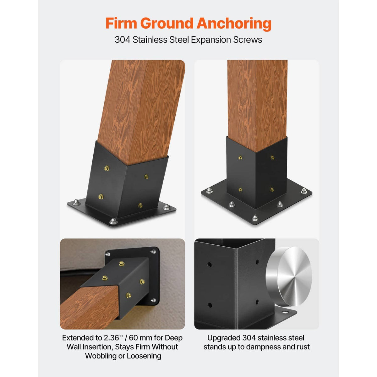 Black steel pergola bracket base with four mounting holes and expansion screw fasteners