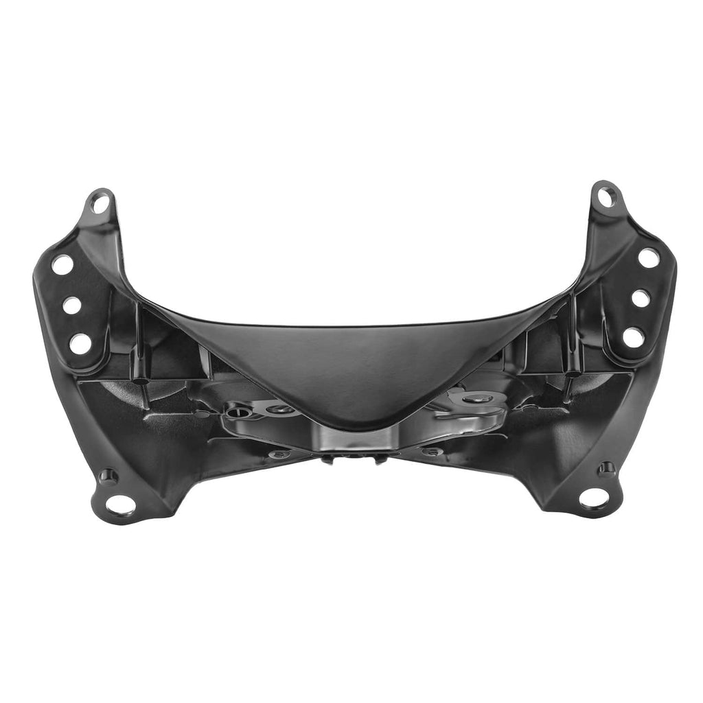 Black motorcycle headlight support bracket with curved front panel and mounting holes
