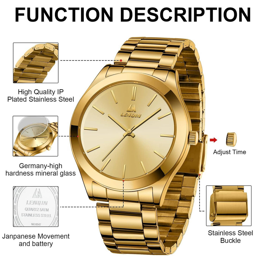 Gold stainless steel men’s wristwatch with round dial and polished link bracelet