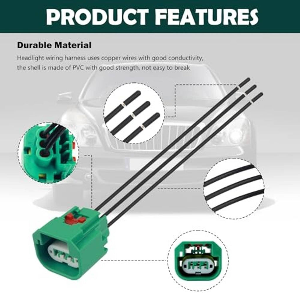 Green headlight wiring harness connector with black wire leads and terminal contact view