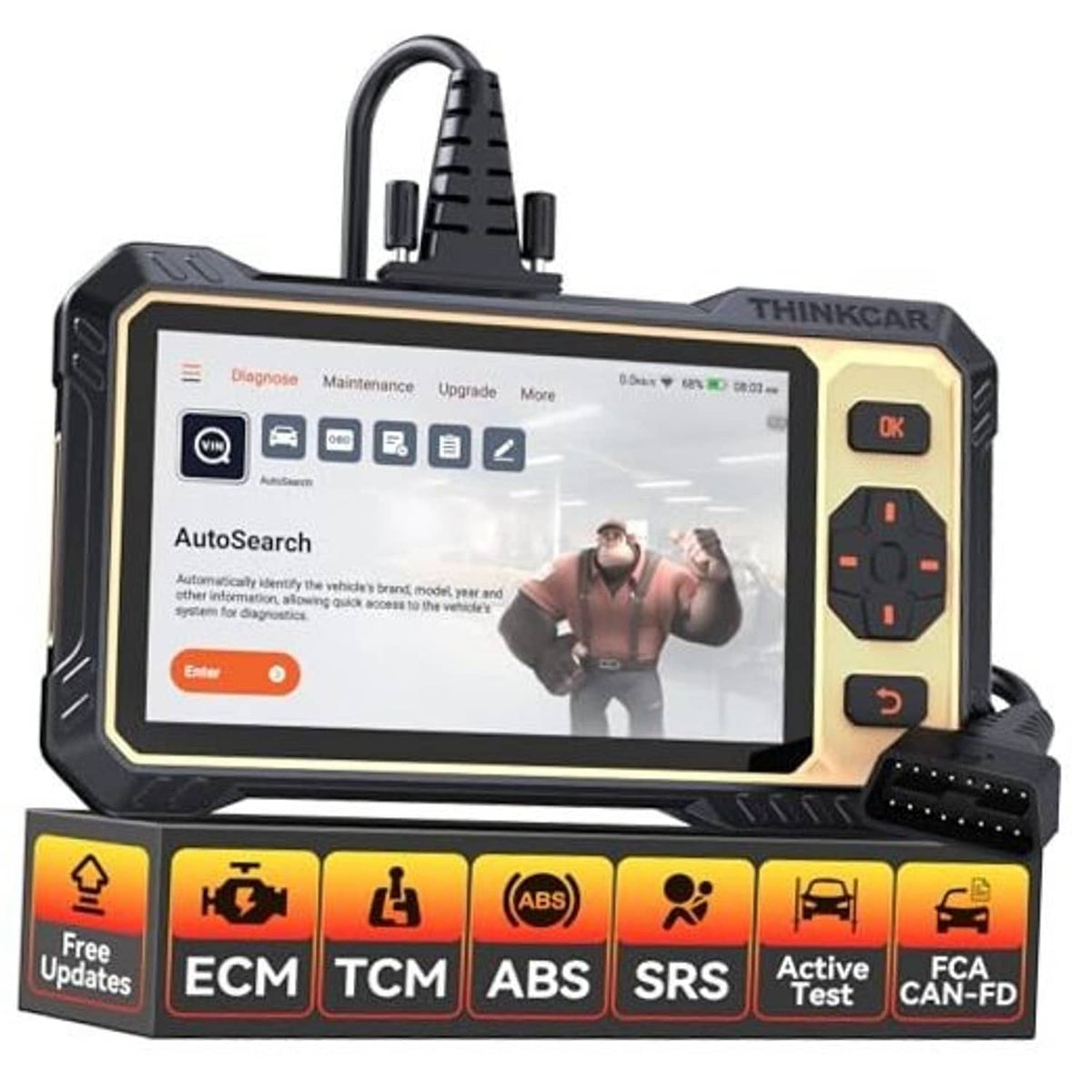 OBD2 car diagnostic scanner with touchscreen, side buttons, and diagnostic cable port