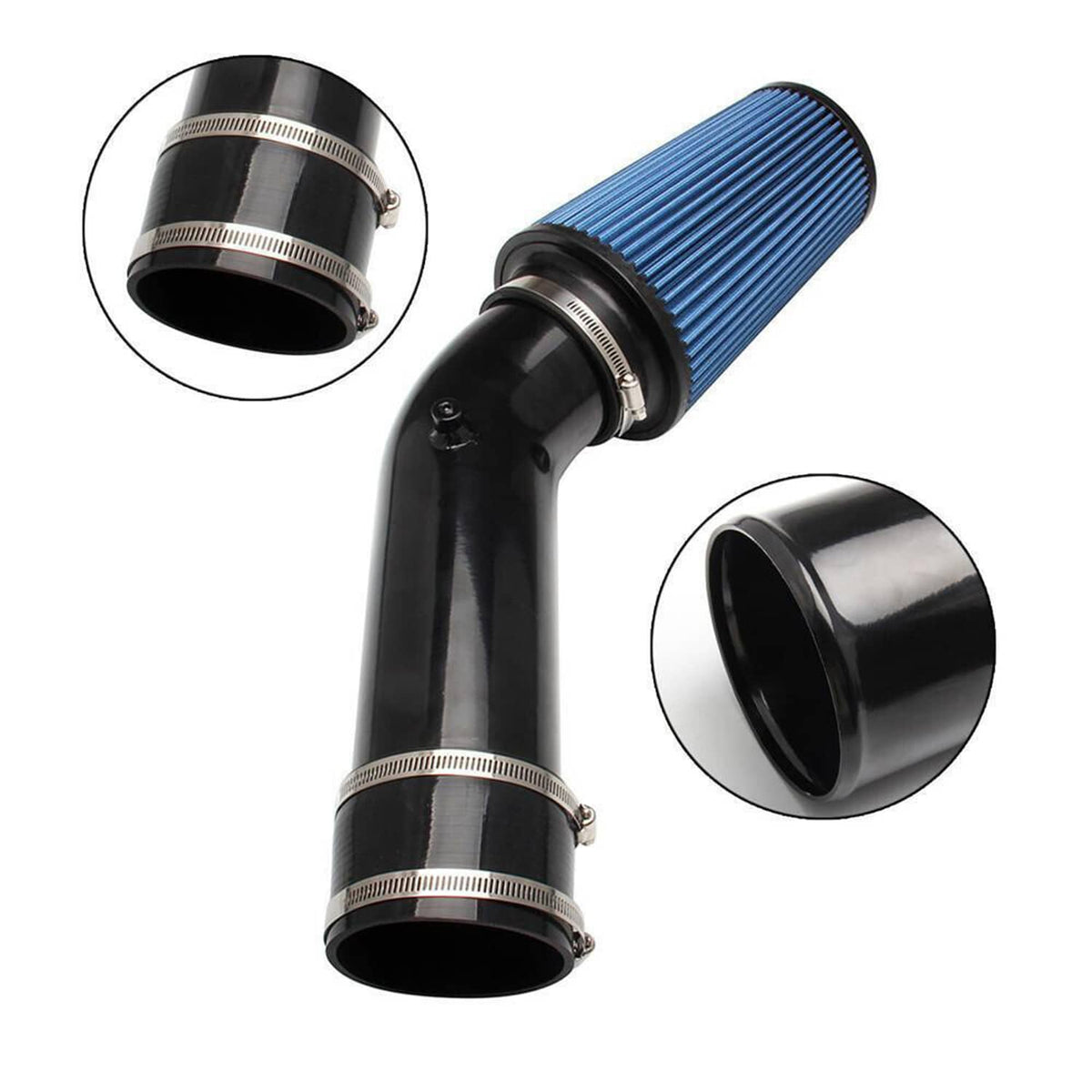 Black intake pipe with blue conical air filter and clamp bands, plus connector coupler