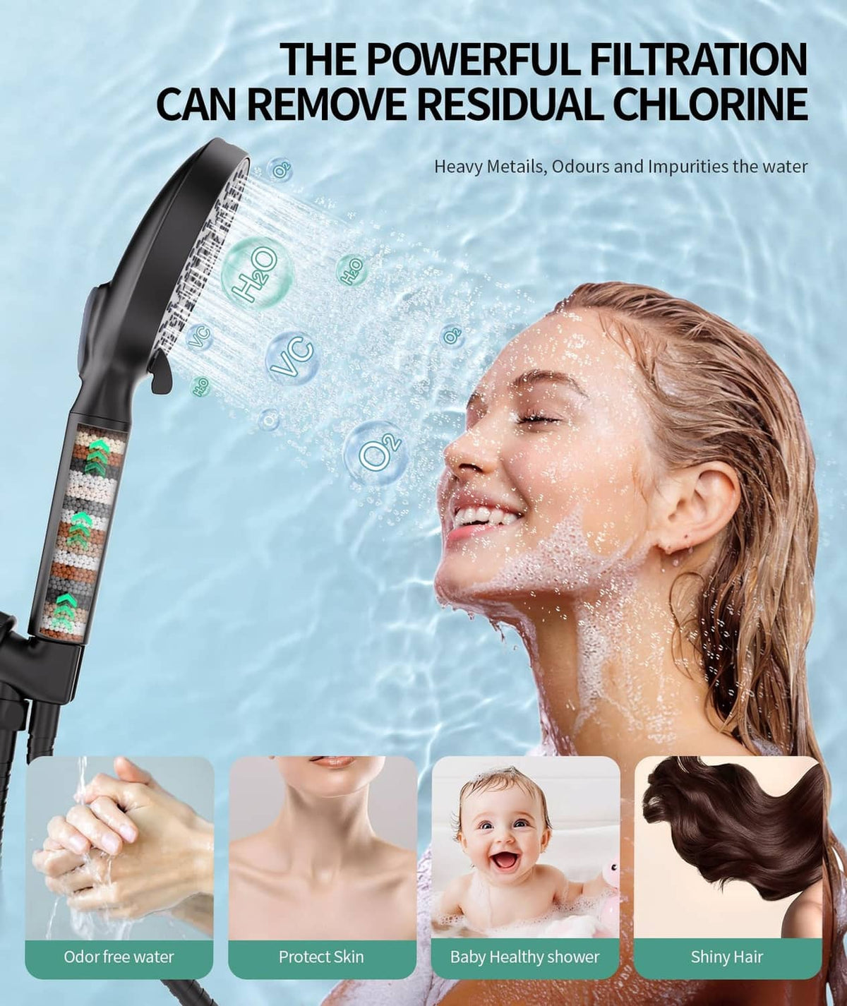 Matte black filtered handheld shower head with spray pattern