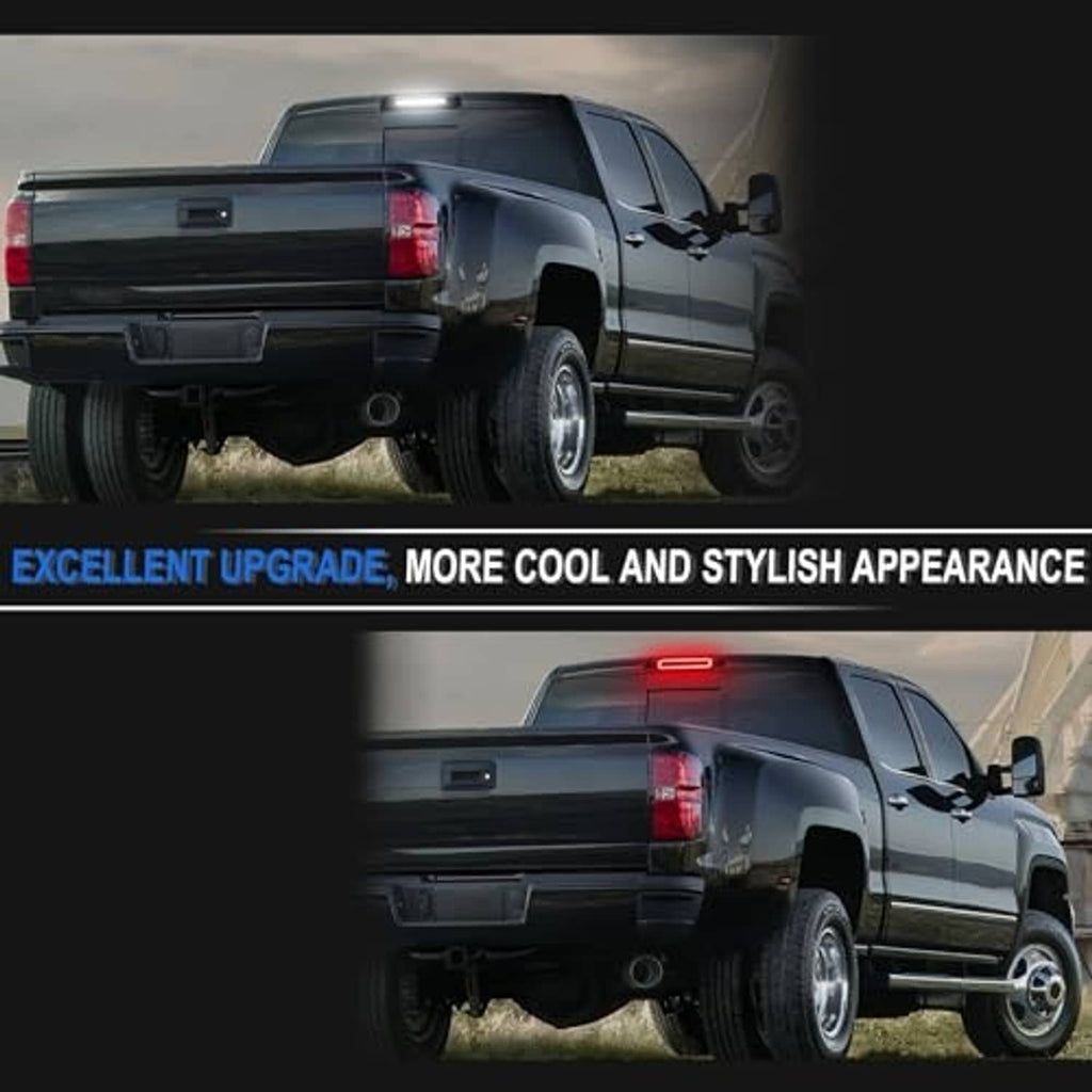 Smoked LED third brake light on pickup rear with bright red glow