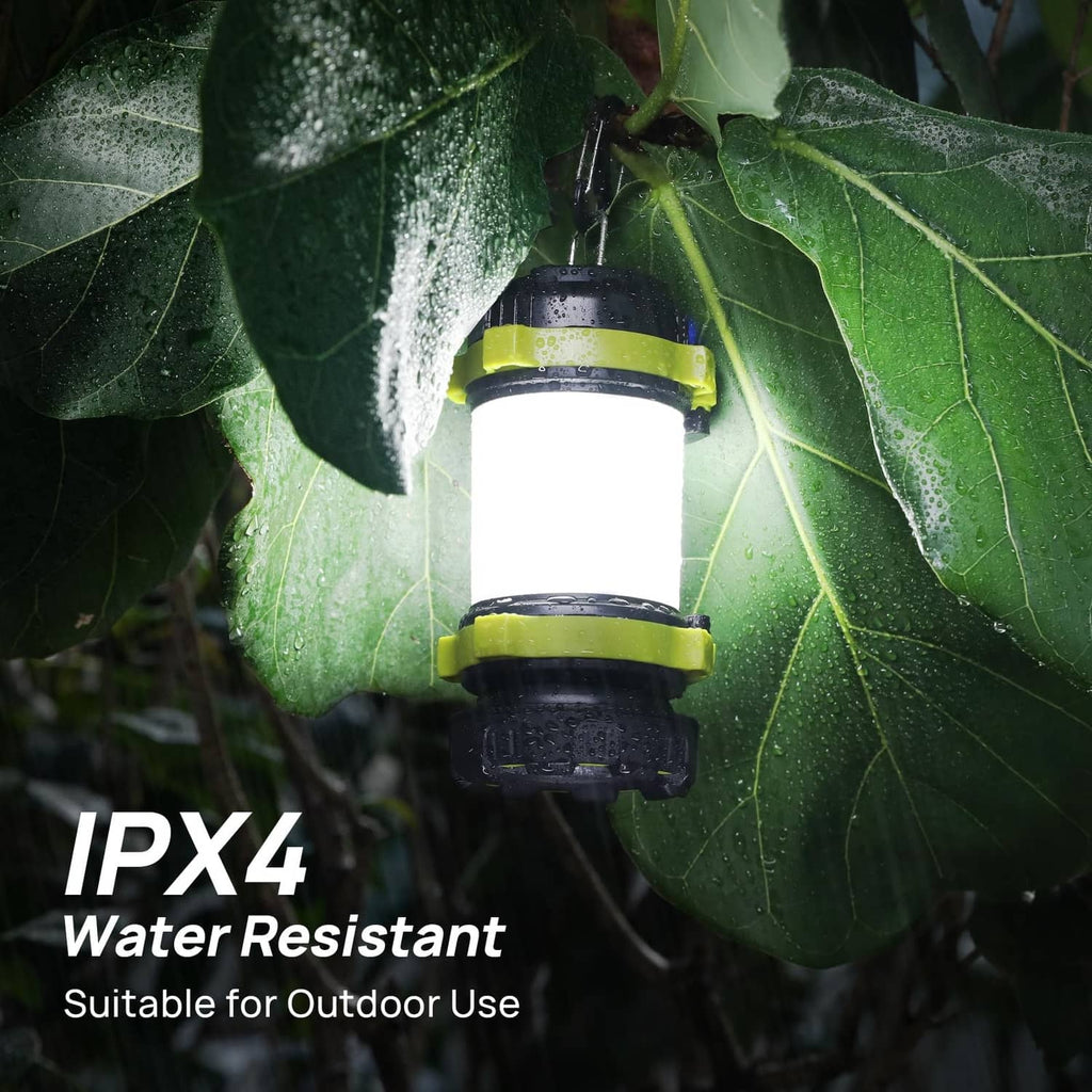 Water-resistant rechargeable LED lantern flashlight, light green and white glow, black base
