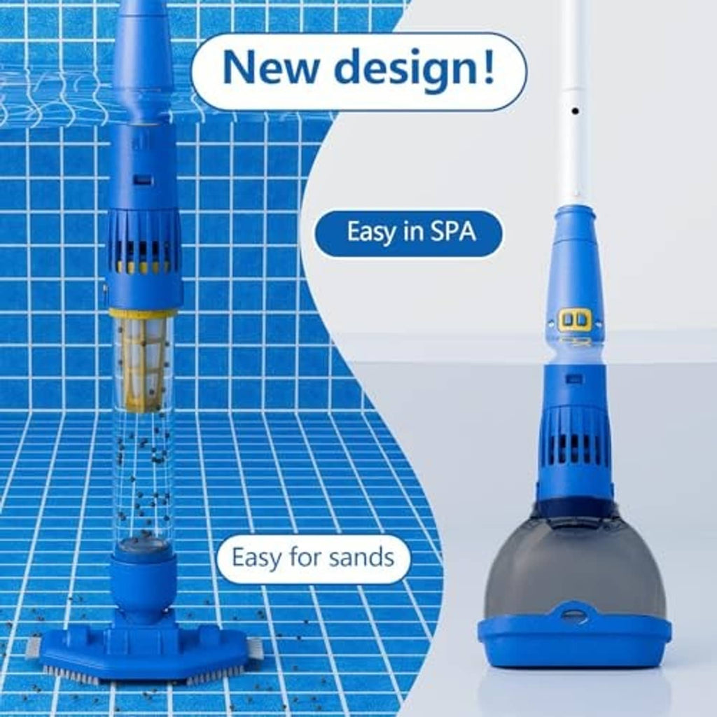 Cordless pool vacuum with blue suction nozzle for pool surfaces and sand cleaning