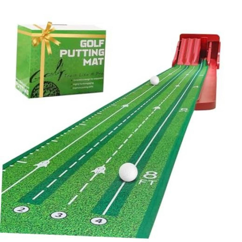 Green golf putting mat with four reversible flip ramps and auto ball return