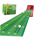 Green golf putting mat with four reversible flip ramps and auto ball return