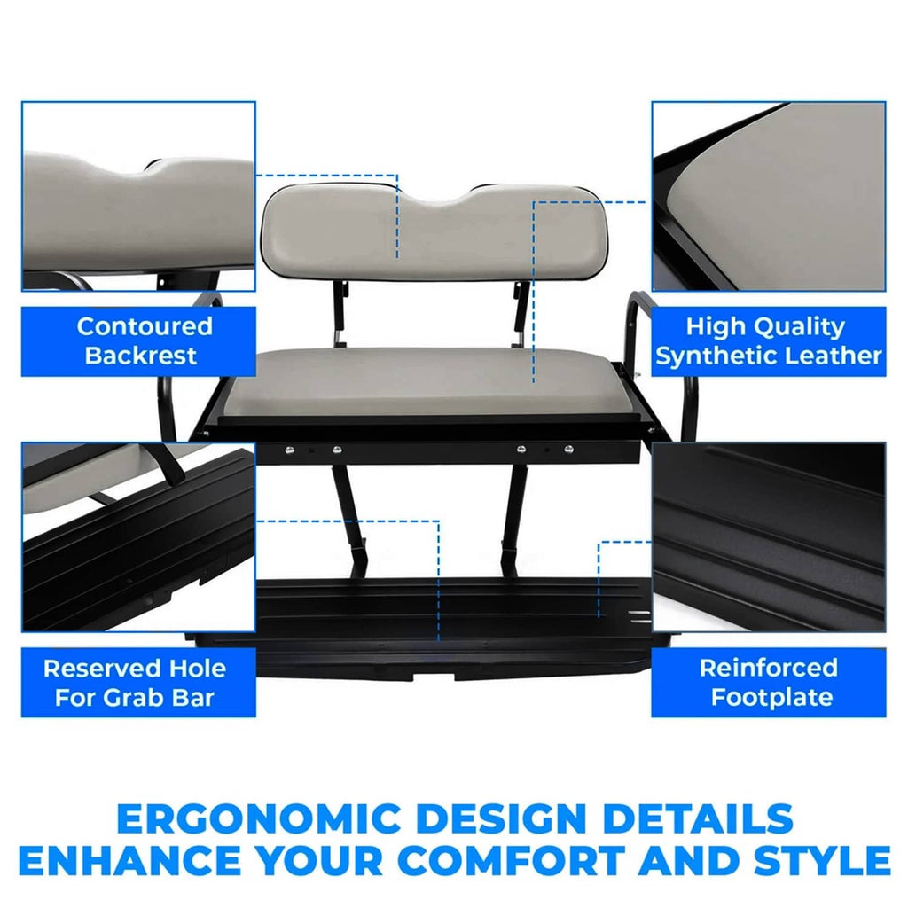 Golf cart rear flip seat kit details: contoured gray backrest and reinforced footplate