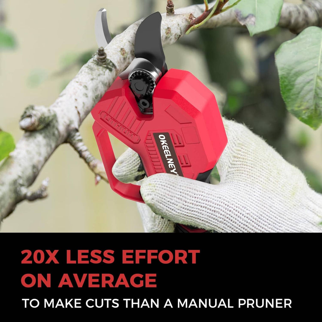 Close-up cordless pruning shears with red body, black grip, and non-slip textured handle