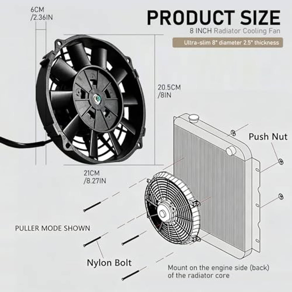 Black radiator cooling fan with product size diagram and push nut mounting area