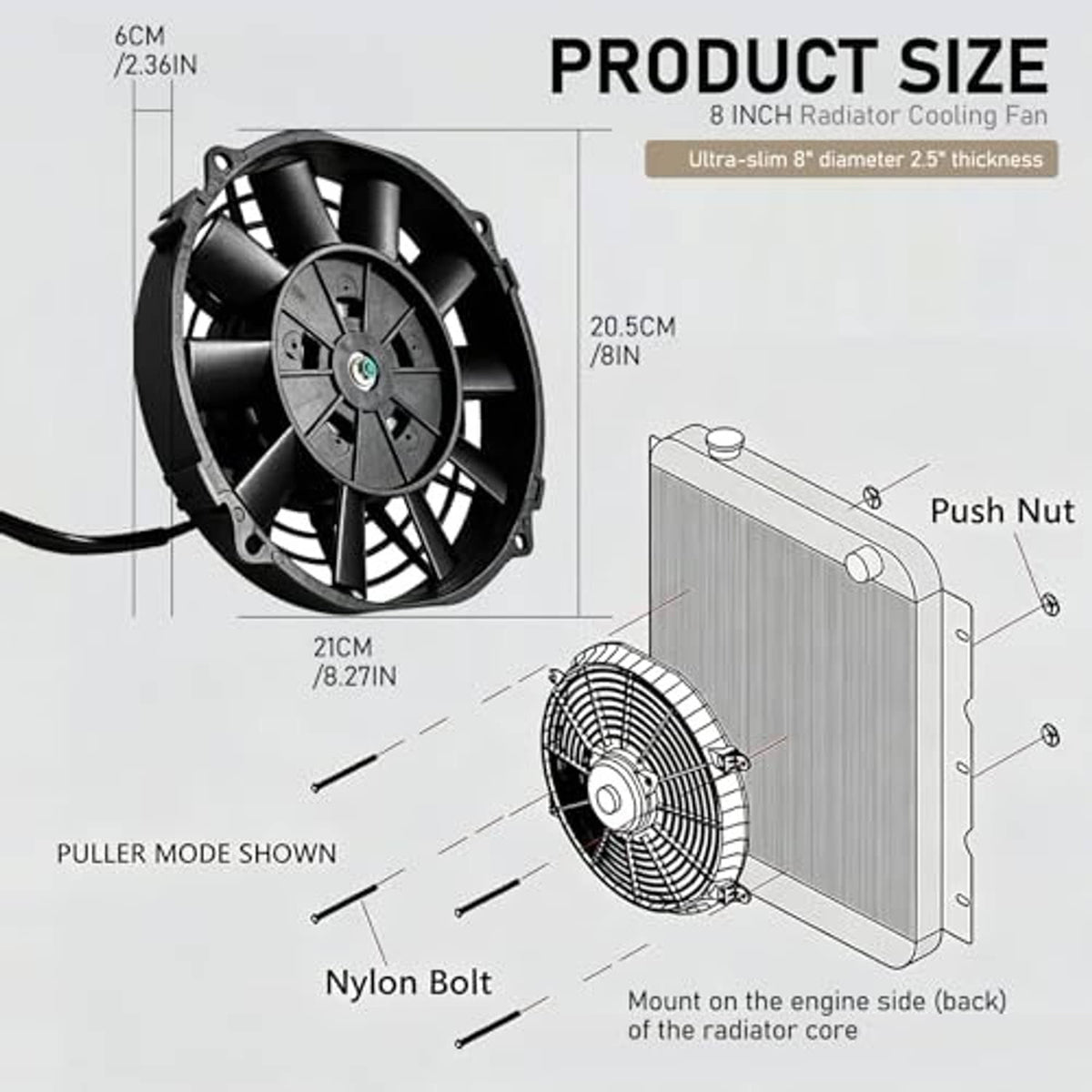 Black radiator cooling fan with product size diagram and push nut mounting area