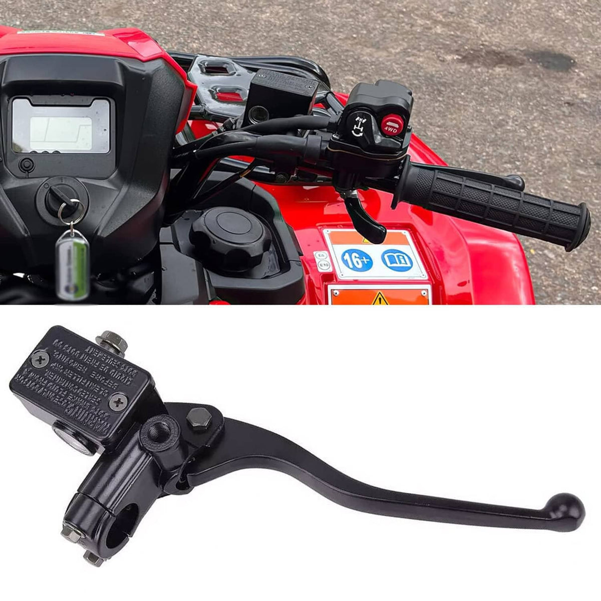 Black brake master cylinder with lever and reservoir, shown on an ATV dashboard area