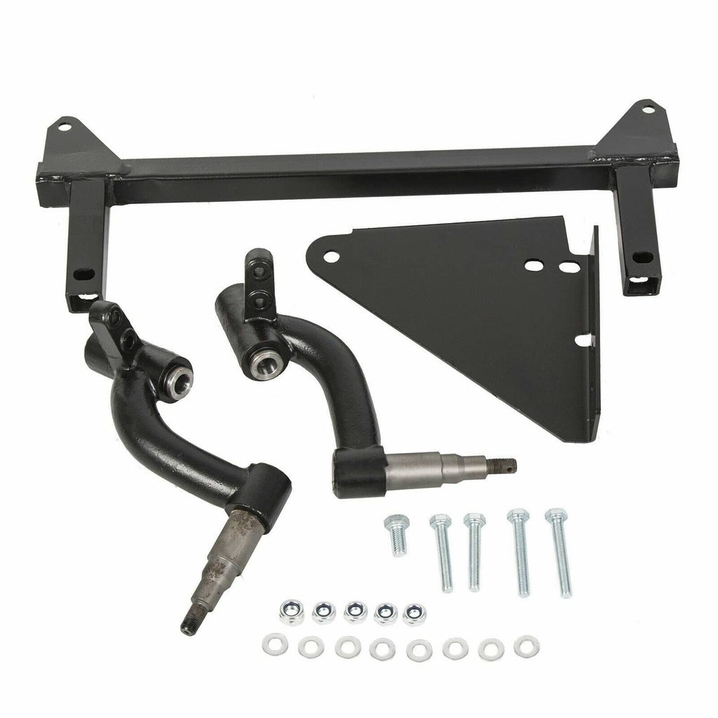 Black spindle lift kit bracket assembly with curved support arms and included bolts