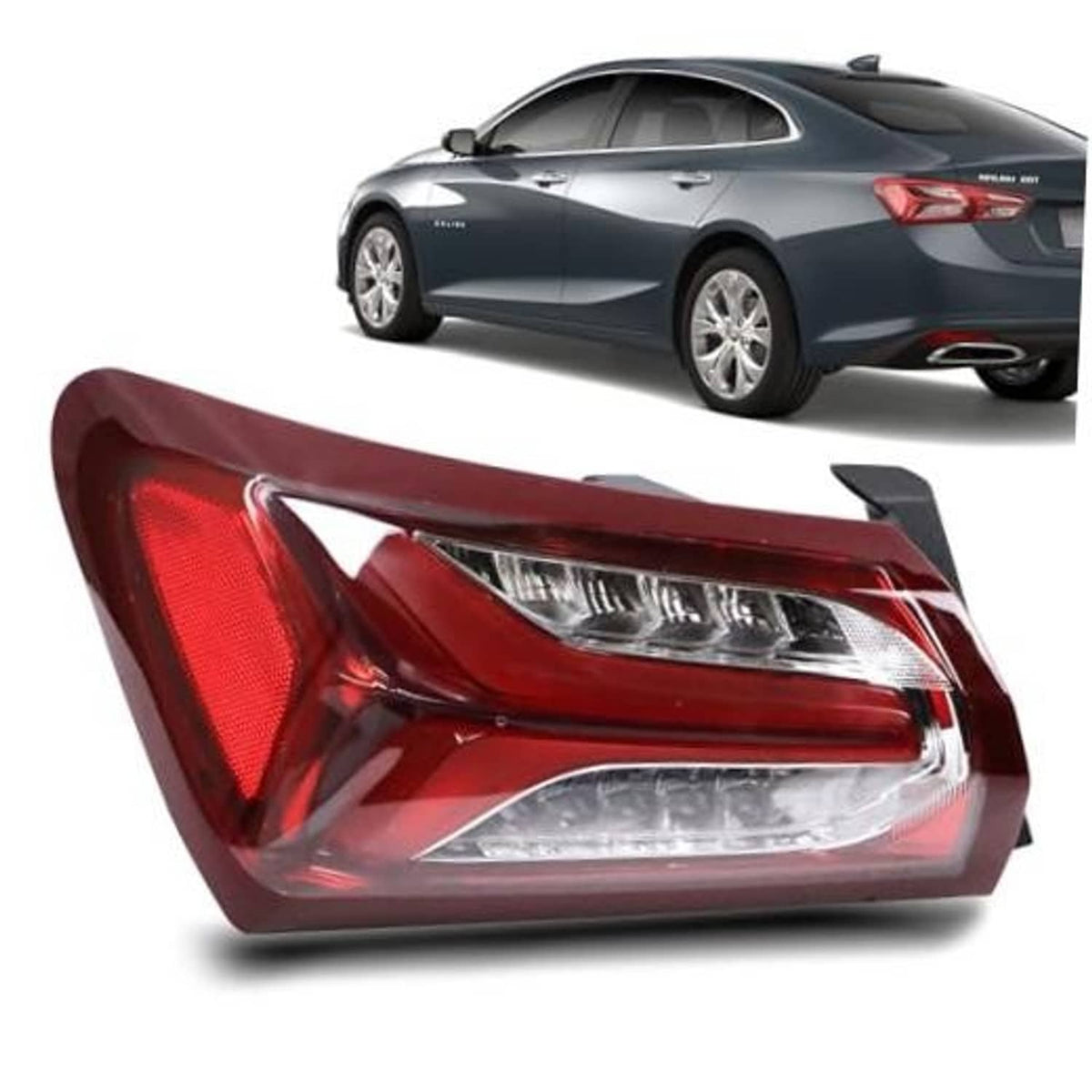 Left driver side LED tail light with red housing and clear lens, chrome reflector details