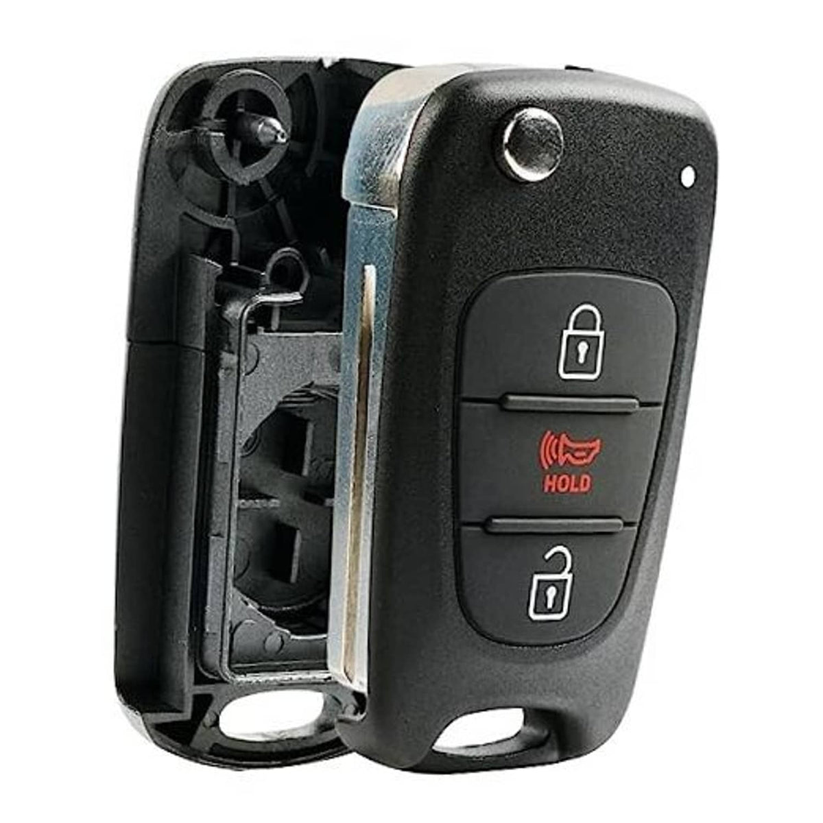 Black flip key fob case with open shell and lock/unlock button icons