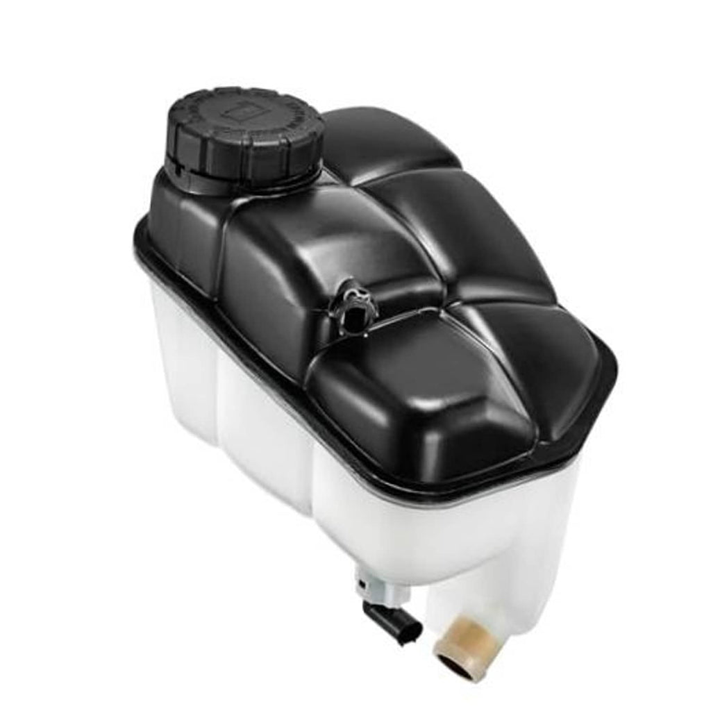 Black cap engine coolant overflow tank with white reservoir body and outlet spout