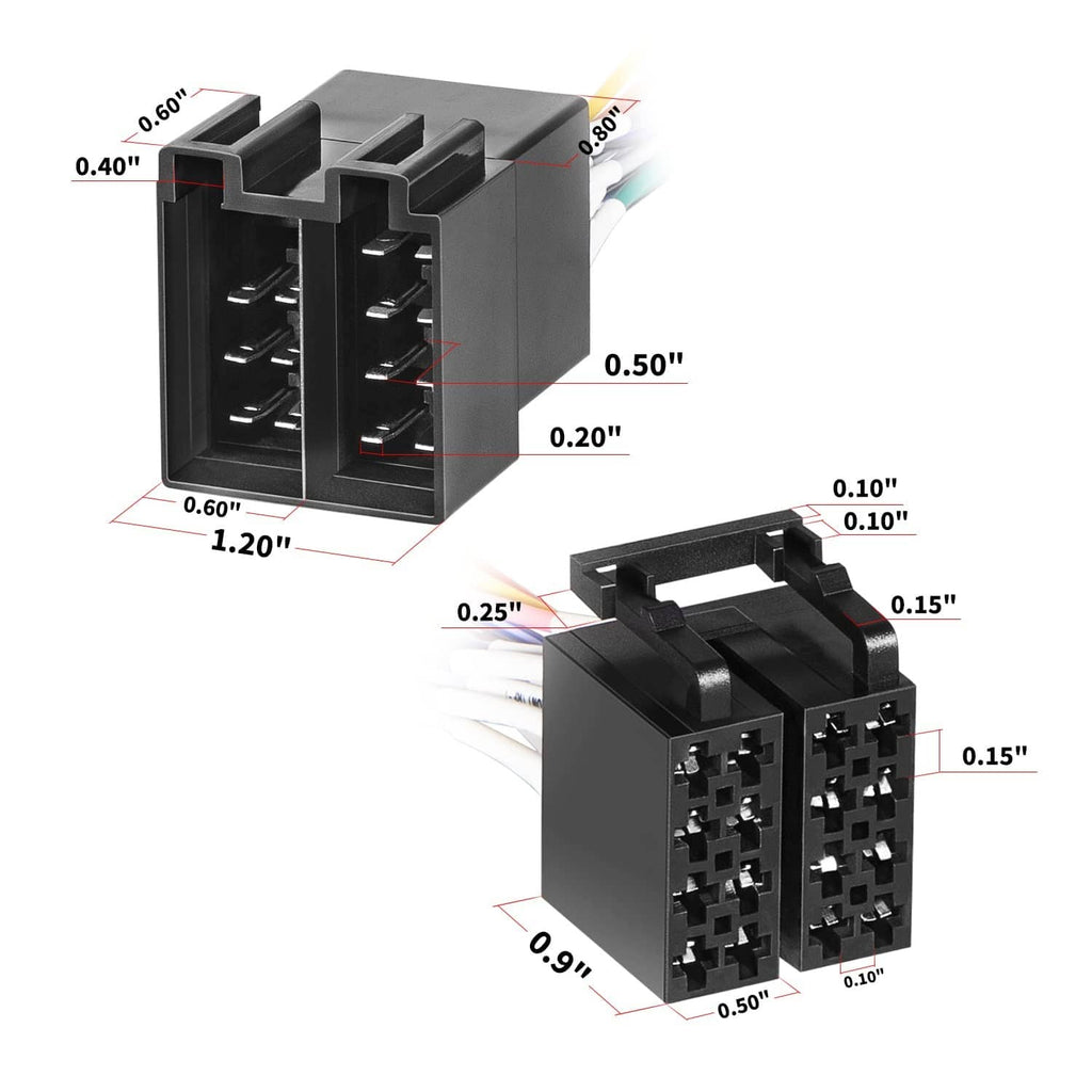 ISO radio harness adapter connector dimensions with measured size callouts