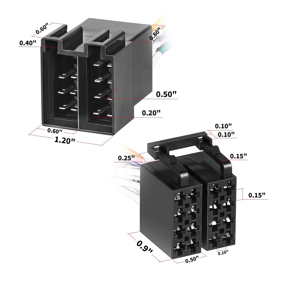ISO radio harness adapter connector dimensions with measured size callouts